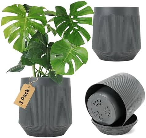 Plant Pots，Set of 3 Plastic Pots for Indoor Plants,Flower Pots Outdoor Planters with Drainage Hole and Seamless Saucer,Gray by Designedforplantlovers%E2%80%A6