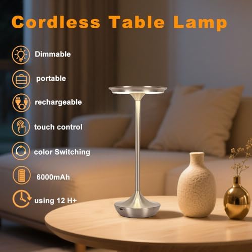 2 Pack LED Rechargeable Cordless Table Lamps, Silver - Image 2