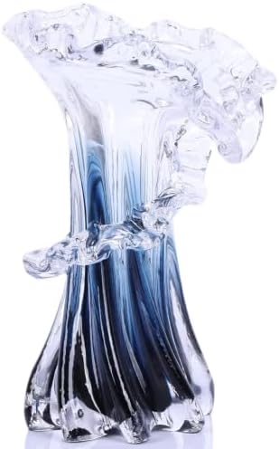 8.1" H Blue Ocean Wave Vase, Blown Glass Vase, Unique Modern Art Beautiful Hand Blown Coastal Centerpieces for Living Room, Bedroom, Office Desktop, Coffee Table, and Wedding Decorative (S) by PlivBloom