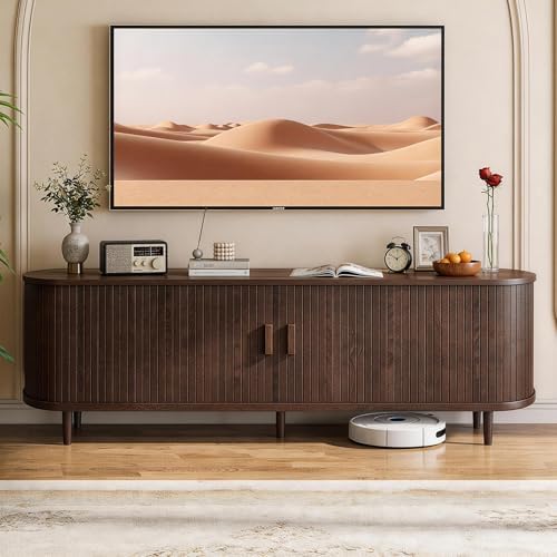 65" Mid Century Modern TV Stand with Power Outlet, Fluted Entertainment Center with Storage and Adjustable Shelves, Wood TV Console with Sliding Doors for Living Room, Walnut - Image 2