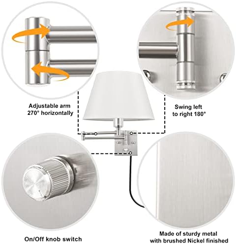 TRLIFE Dimmable Wall Sconce with Remote Control, Adjustable Color Temperature 2700K-6500K and Dimming 10-100% Swing Arm Wall Lights with Plug in Cord, 11.8" Large White Fabric Shade(2 Pack, 2 Bulbs) - Image 5