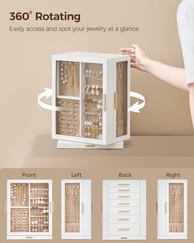 Glimmloop 360° Rotating Jewelry Box with 7 Drawers, Spacious Vertical Jewelry Organizer with Glass Window, Jewelry Storage Case, Dustproof & Moisture-resistant Design, White - Image 4