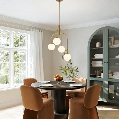 LamQee 4 Lights Mid Century Modern Chandelier, Milk Glass Globe Chandelier Light Fixture with Gold Metal & White Ball, Large Pendant Lighting Ceiling Hanging for Dining Room Kitchen Island Entryway - Image 3