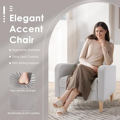 COLAMY Mid-Century Modern Accent Chair, Faux Leather Upholstered Living Room Chair with Back Pillow & Solid Wood Legs, Comfy Armchair for Living Room, Bedroom, Single Sofa, Light Grey - Image 4