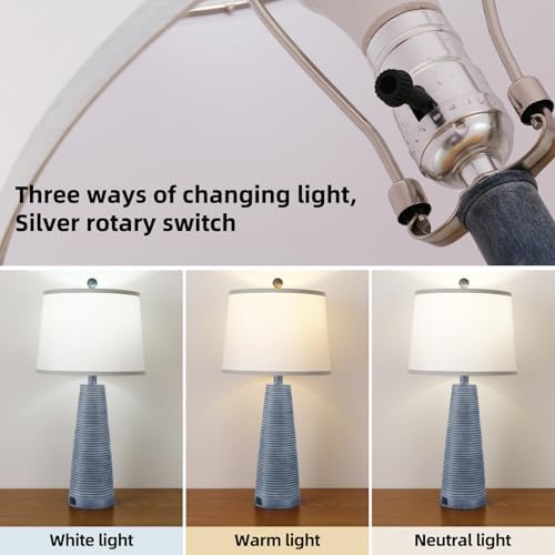 Terpsichore Nightstand Lamp Bedside Lamps Set of 2 Vintage Rustic Farmhouse Table Lamp 3 Way Dimmable Horizontal Stripe Light,Suitable for Living Room Bedroom,with Linen Shade LED Bulb,USB A+C Port - Image 5