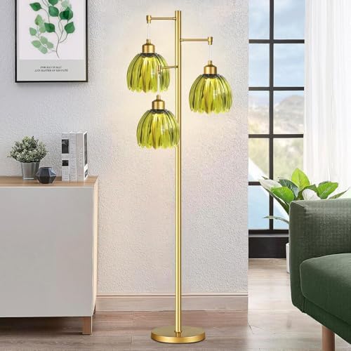 Vintage Floor Lamps for Living Room-3 Light Gold Floor Lamp with Three Bulbs & Glass Lampshape,Glass Mid Century Modern Standing Lamp Tree Tall Flower Floor Lamp for Bedroom Living Room,Corner - Image 5