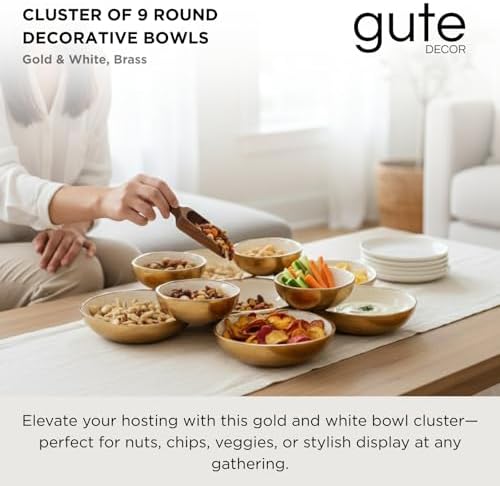 Cluster of 9 Serving Bowls, One-Piece Set, Gold White Brass Multi-Bowl Display Tray for Snacks Nuts Chips Appetizers, Modern Home Entertaining Centerpiece Dining Parties Housewarming Wedding Gifts 11" - Image 2