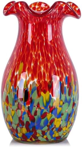 10.6in Hand Blown Blue Glass Vase – Wide Mouth Murano Bubble Art Glass Vase, Cobalt Blue Flower Vase for Coastal, Vintage, Colorful Home Decor, Vase Gift for Mom or Display (Red) by PlivBloom