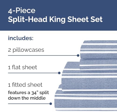 Flex Top Split Head King 4 Piece Sheet Set - Soft & Cooling - Blue Stripes - Image 2