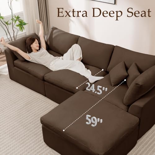 Korser 110" Cloud Sectional Couches for Living Room, Modern Modular Sectional Sofa with Ottoman, Boneless Cloud Couch with Comfy Deep Seats, Fluffy Chenille L-Shape Sofa Couch for Living Room, Brown - Image 4