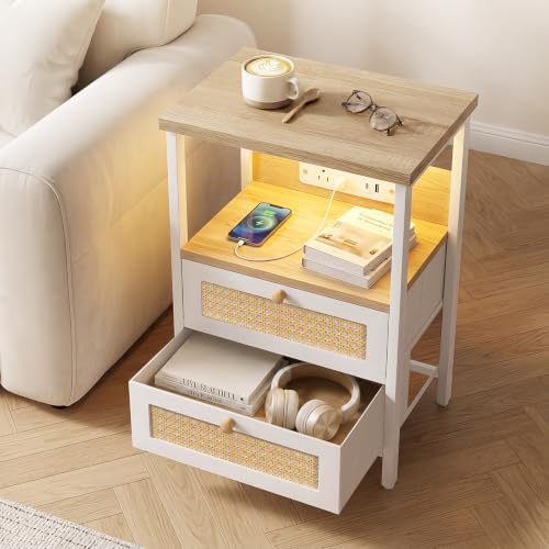 Fixwal Night Stand with Charging Station, Led Nightstand, 2 Fabric Drawers - Image 6