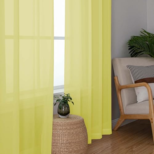 OWENIE Short Lemon Sheer Curtains 36 Inch Length 2 Panels Set, Kitchen Tiers Curtains Light Filter Rod Pocket Voile Cafe Curtain for Basement Bathroom Small Half Window, 42" W x 36" L, Lemon - Image 3