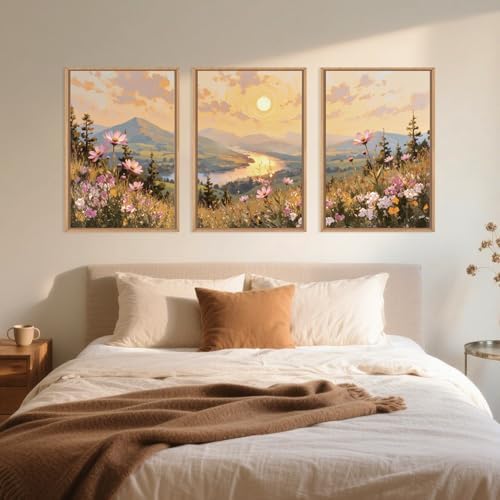 LHIUEM Large Boho Sunset Wildflower Framed Canvas Wall Art,Nature Pink Flower Wall Decor,Blossom Botanical Mountain Landscape Artwork for Living Room,Bedroom,Dining Room,Office -16"x24"x3 - Image 5