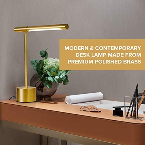 Bling All-Brass Mid Century Desk Lamp - Modern Gold Bankers Shade - 18-in LED Light - Adjustable Table Lamp for Study, Bedside Reading - Polished Brass - Image 3
