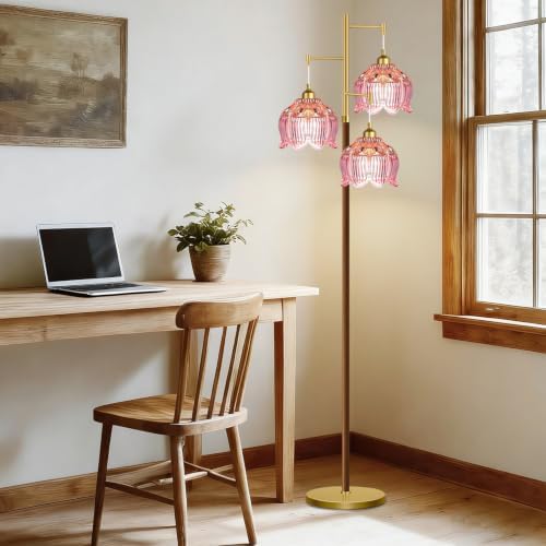 QIYIZM Pink Floor Lamp for Living Room,Bedroom,Glass Mid Century Modern Standing Lamp Brass Tree 3 Light Tall Floor Lamps Wood Vintage Retro Gold Floor Lights Standing Flower LampShade Boho Bohemian - Image 3