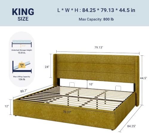 Allewie King Size Lift Up Hydraulic Storage Bed Frame Olive Yellow - Image 2
