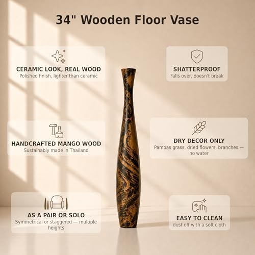 Leewadee Large Brown Light Brown Home Decor Floor Vase – Wooden 34 inches Tall Farmhouse Decor Flower Holder for Fake Plant and Pampas Grass - Image 4