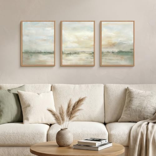 LHIUEM Abstract Green Gray Pastel Framed Canvas Wall Art,Neutral Landscape Wall Decor,Modern Watercolor Lake Artwork,Beige Textured Illustrations Art for Living Room,Bedroom,Office- 12"x16"x3 - Image 2