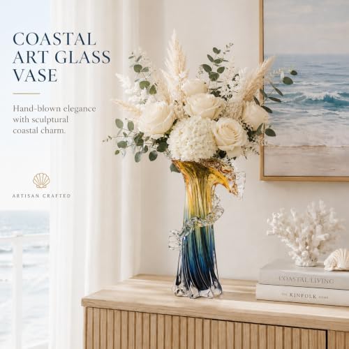 Blue Blown Glass Vase, Modern Art Hand Blown Coastal Vase,Beautiful Unique Ocean Wave Centerpieces for Living Room, Bedroom, Office Desktop,Coffee Table and Wedding Decorative (Amber, M) - Image 2