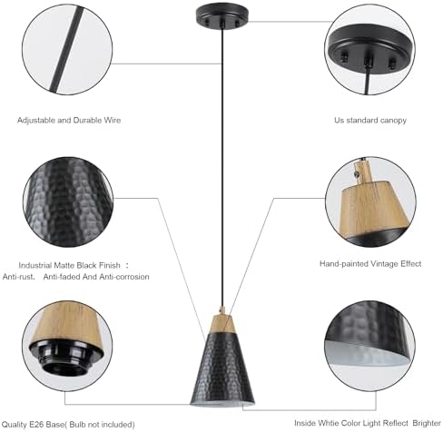 Dijiahua Black Kitchen Pendant Lighting Over Island 3 Pack,Small Modern Farmhouse Chandeliers with Hammered Metal Cone Shade,Mini Industrial Adjustable Cord Hanging Ceiling Lamp Fixtures Over Sink - Image 5