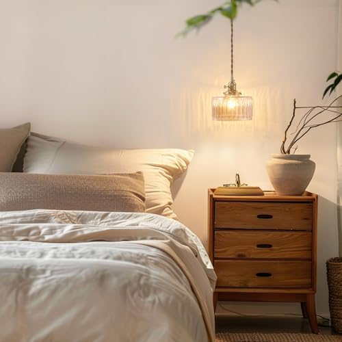 Shenmoyl Pendant Light with Amber Striped Glass Lmapshade, Brass Vintage Pendant Light Adjustable Hanging Light for Kitchen Island Dining Room Hallway - Image 3
