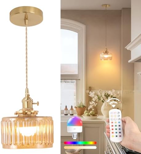 Shenmoyl Battery Operated Pendant Light 5000mAh Rechargeable Chandelier with Remote Control Wireless Adjustable Hanging Amber Striped Light for Kitchen Island Dining Room Hallway by Shenmoyl