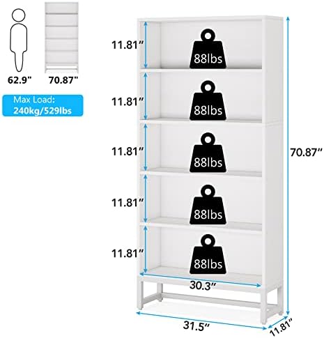Tribesigns Tall Bookcase and Bookshelf, 70.8” Large Bookcases Organizer with 5-Tier Storage Shelves, Heavy Duty Free-Standing Library Bookshelf Shelving Unit for Living Room, Bedroom, Office (White) - Image 2