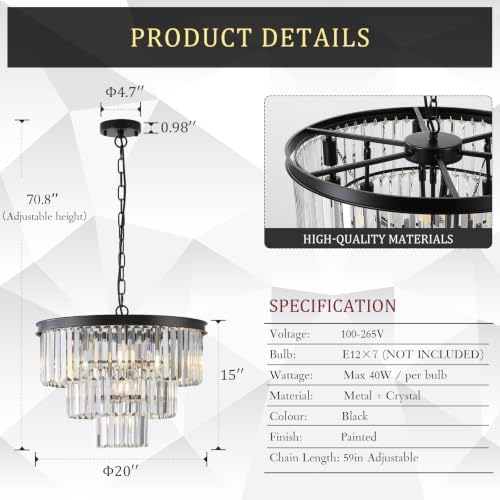 CATINER 20" Modern Crystal Chandeliers,7 Lights Black Round Light Fixture - Image 3