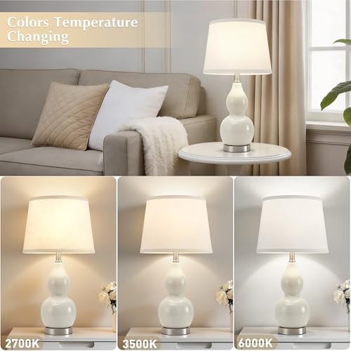 GyroVu 22" Table Lamp Set of 2, Color Temperature Adjustable Double Gourd Ceramic Lamps Classic Nightstand Table Lamps for Bedroom Beside Lamps for Living Room, Cream-Bulbs Included - Image 2