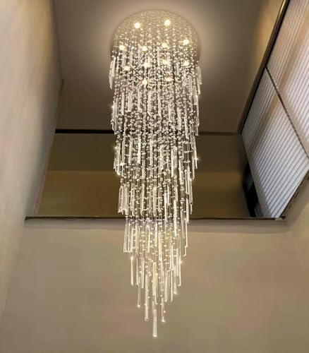 D32'' x H100'' Modern Crystal Chandelier High Ceiling Chandeliers for Entryway Glam Chandelier Large Raindrop Chandeliers LED Dimmable Light Fixtures for Staircaes Foyer Hallway Living Room Silver by CENOZO