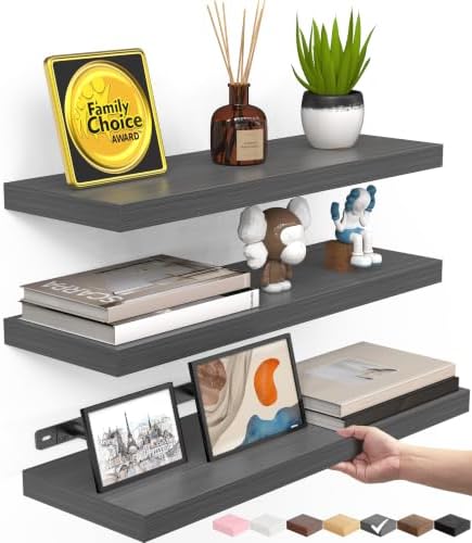 BAYKA Floating Shelves for Wall, Wall Mounted Rustic Wood Shelves for Bathroom, Bedroom, Living Room, Kitchen,Small Hanging Shelf for Books/Storage/Room Decor (Grey, Set of 3, 15.7in) by Bayka