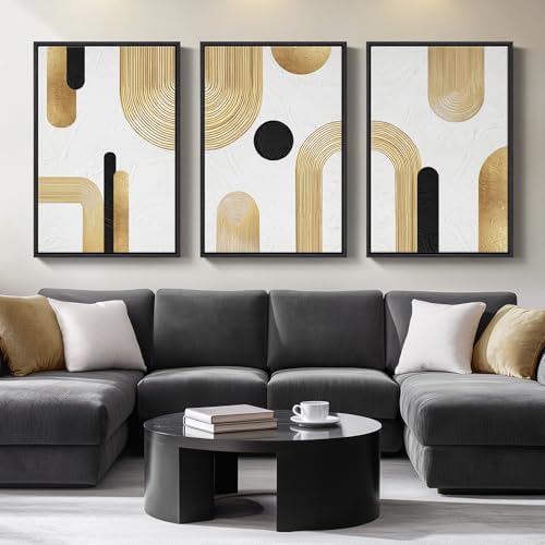 Large Framed Gold Abstract Geometric Wall Art for LIving Room, 3 Piece by Cuspin