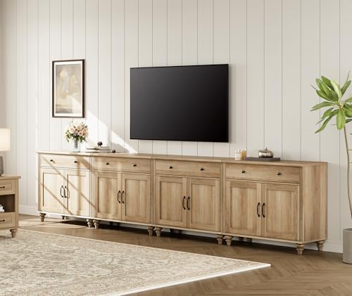WAMPAT Large Buffet Cabinet with 8 Doors and 4 Drawers, Modern Coffee Bar Table Wood Kitchen Storage Cabinets, Farmhouse Sideboard Credenza for Dining Room, Oak, 134 inch - Image 4