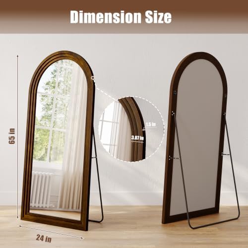 24"x65" Full Length Mirror Solid Wood Frame, Arched Floor Mirror Full Length with Stand, Room Decor Big Full Body Mirror with HD Tempered Glass for Bedroom, Living Room, Walnut Wood - Image 5