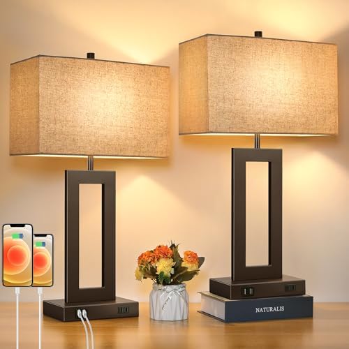 TOBUSA 22" Brown Modern Table Lamp Set of 2 with 2 USB Ports&AC Outlet by TOBUSA