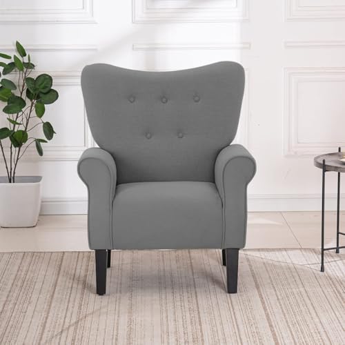 YOLENY Modern Accent Chair,High Back Armchair,Upholstered Fabric Button Single Sofa with Wooden Legs for Living Room,Bedroom,Club,Grey - Image 4