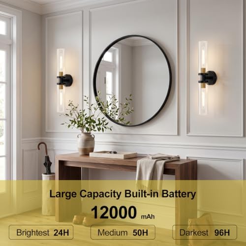 Battery Operated Wall Sconces Set of Two, Black and Gold Wall Light fixtures with Wireless Remote Control，Rechargeable Dimmable Wall Sconces with 3000K Bulbs for Bathroom Mirror Living Room Bedroom - Image 3