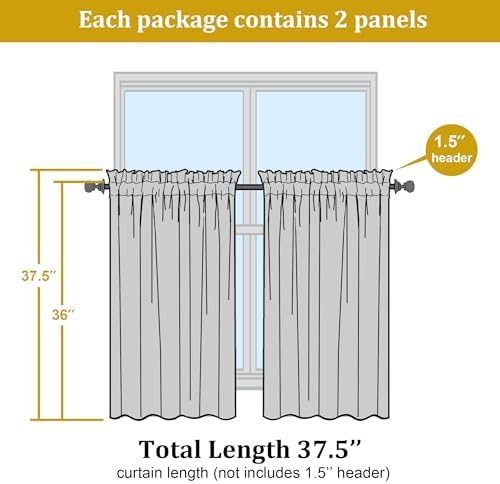OWENIE Short Lemon Sheer Curtains 36 Inch Length 2 Panels Set, Kitchen Tiers Curtains Light Filter Rod Pocket Voile Cafe Curtain for Basement Bathroom Small Half Window, 42" W x 36" L, Lemon - Image 2