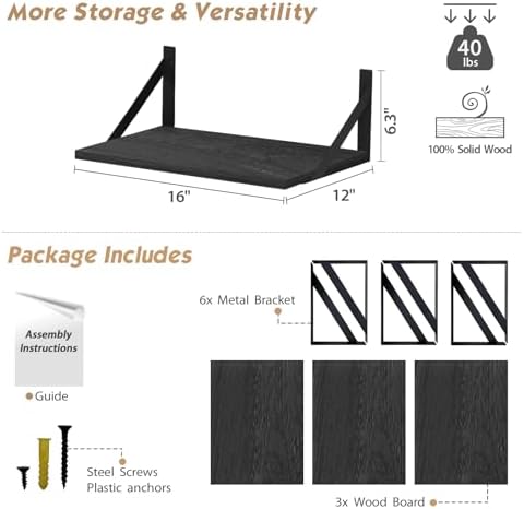 Forbena 12 Inch Deep Floating Shelves for Wall, Wide Black Wall Mounted Shelves for Bedroom Office Books Plants, Large Hanging Shelf for Living Room Bathroom Kitchen Closet Pantry Storage (3-Pack) - Image 2