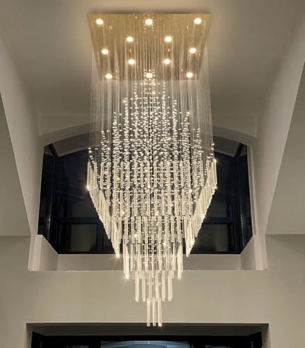HAIXIANG W32 x H120 Glam Chandelier with LED Bulbs Square Chandeliers, Crystal Raindrop High Ceiling Pendant Light for Entrance Large Villa Foyer Lighting Fixtures Gold - Image 3
