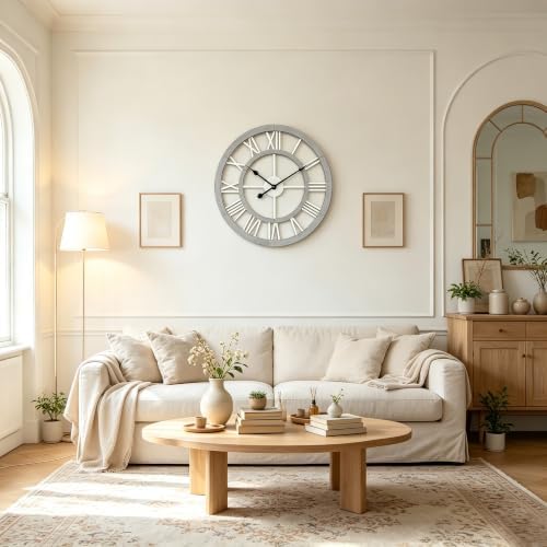 24 Inch Large Rustic Wall Clock Silent Non-Ticking Wooden Wall Clocks with Roman Numerals Farmhouse Decorative Clock for Living Room Bedroom Office (Grey) - Image 2