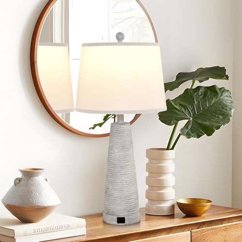 Terpsichore Nightstand Lamp Bedside Lamps Set of 2 Vintage Rustic Farmhouse Table Lamp 3 Way Dimmable Horizontal Stripe Light,for Living Room Bedroom,USB A+C (White, High 27 Inch) - Image 6