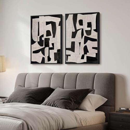 Large Framed Black and Beige Abstract Wall Art, Set of 2 Piece Minimalist Canvas Paintings Artwork for Walls, Modern Art Prints Pictures for Living Room Hallway Dining Room Bedroom Office Wall Decor by Cuspin