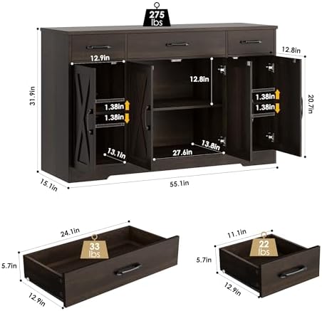 HOSTACK Kitchen Buffet Sideboard Storage Cabinet, Coffee Bar Cabinet, Brown - Image 3
