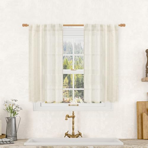 LAMIT Semi Sheer Linen Curtains 40 Inch Length for Cafe, Natural, 2 Panels by LAMIT