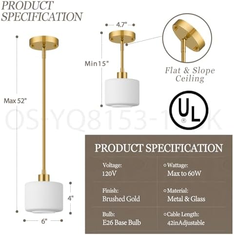 Milk Glass Pendant Lights Kitchen Island, 1-Light Modern Brushed Gold Hanging Light Fixtures with Rods, Mini Kitchen Pendant Lighting Over Island for Sink Bathroom, OS-YQ8153-1PBG - Image 3