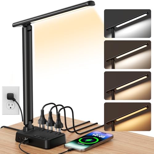 Airlonv LED Desk Lamp for Office Home, Power Strip with 3 Outlets 4 USB Charging Ports(2 USBC), 4 Modes 5 Level Brightness Desk Light, Small Desk Lamp for College Dorm Room Essentials by Airlonv