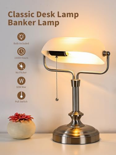 Traditional Banker's Desk Lamp with Glass Shade,Pull Chain Switch, LED Bulb Included (Satin Nickle+White) - Image 4