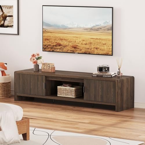 FATORRI TV Stand for 75/65/55 Inch TVs, Mid Century Modern Entertainment Center with Storage, Wood Waveform Fluted-Door Television Media Console for Living Room, Bedroom (63 Inch W, Dark Walnut) - Image 2
