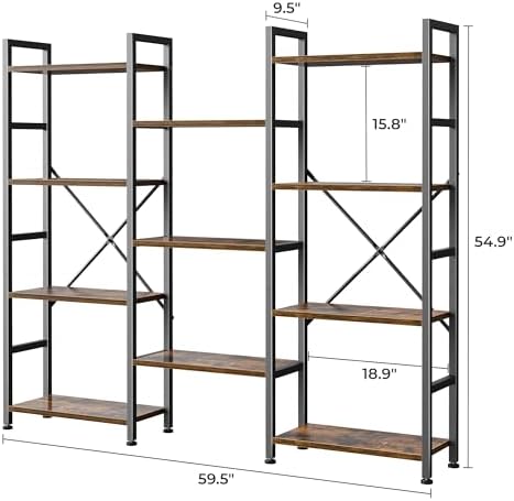 SUPERJARE Triple Bookshelf, Bookcase with 11 Open Display Shelves, Wide Book Shelf Book Case for Home & Office, 4 Tier, Brown - Image 3